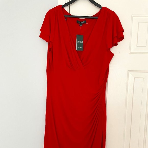 RALPH LAUREN- LAUREN Red Ruched Dress Size 16 - Picture 1 of 3